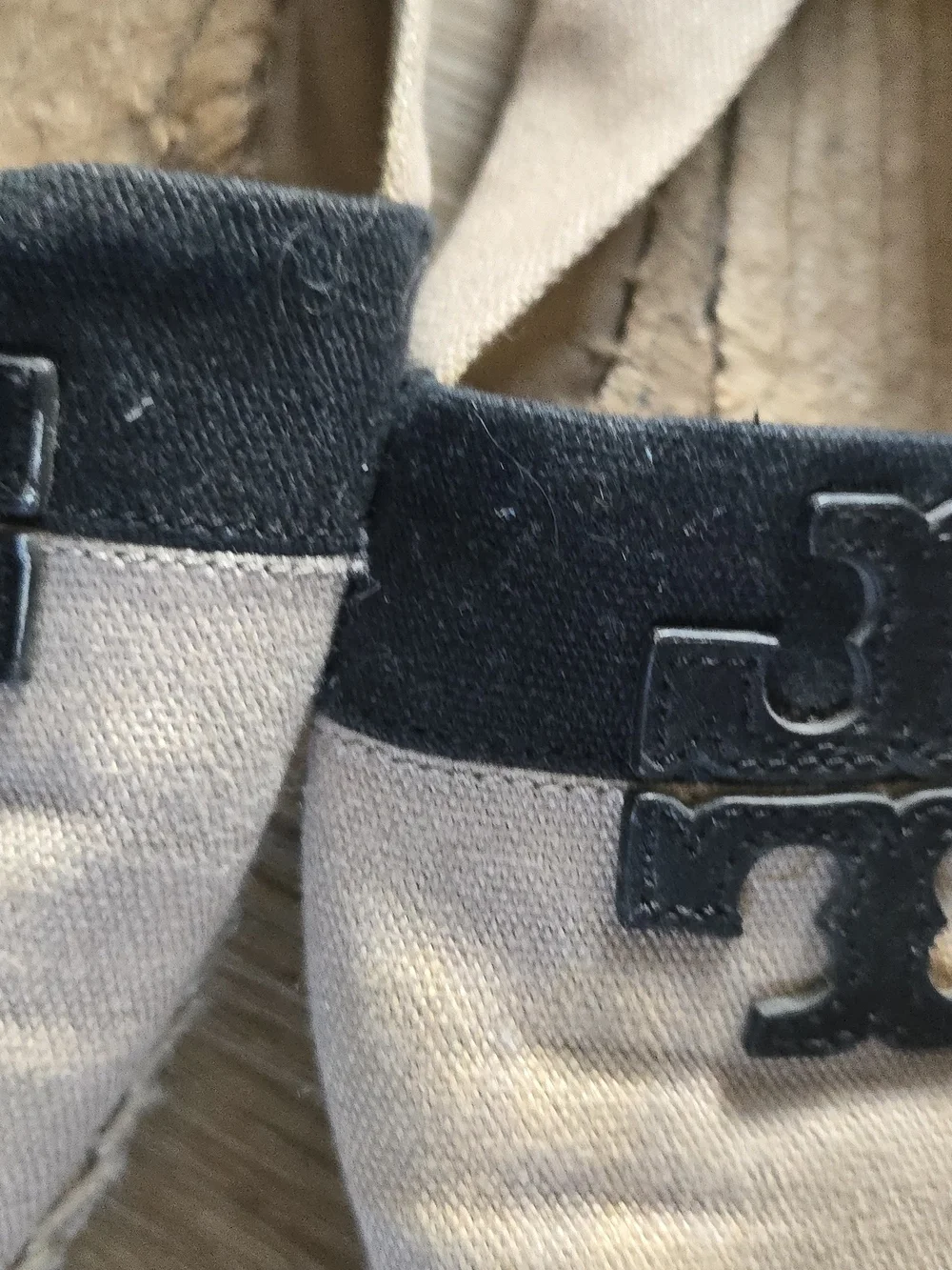 Tory Burch Kids Beige Canvas Slip-On Espadrilles with Black Trim & Logo